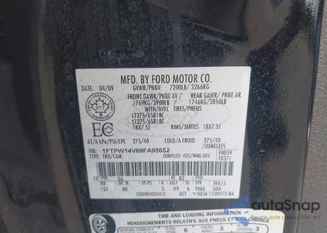 2009 Ford F-150 Fx4/King Ranch/Lariat/Platinum/Xl/Xlt из США, поврежденный, VIN 1FTPW14V69FA95652